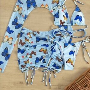 Wore once small Shein 4 pc blue butterfly bikini + sheer cover up top and skirt